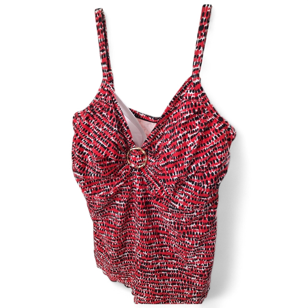 Red Printed V-Neck Underwire Tankini Top with Ring Detail Size 20